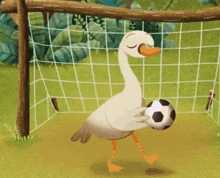 a cartoon of a goose holding a soccer ball in front of a goal