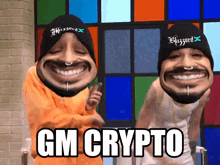 gm crypto is written on the bottom of a picture of two men
