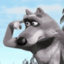 a cartoon wolf is flexing his muscles in a blurry photo .