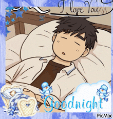 a picture of a man sleeping with the words " goodnight " written below him