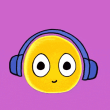 a yellow smiley face wearing blue headphones on a purple background .
