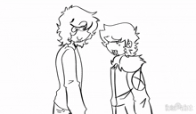 a black and white drawing of two boys hugging each other .