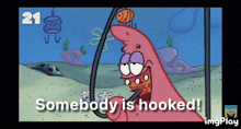 patrick star from spongebob squarepants is holding a hook and saying somebody is hooked
