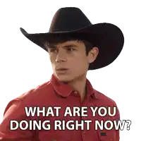a man wearing a cowboy hat is asking what are you doing right now