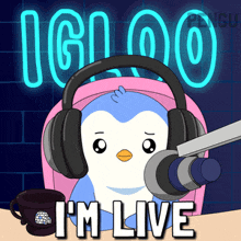 a penguin wearing headphones is sitting in front of a microphone and says i 'm live
