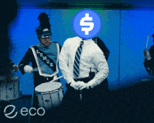 a man in a marching band with a dollar sign on his head