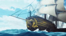 a large ship with white sails is floating on the ocean