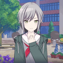 a girl with gray hair and green eyes is wearing a hoodie and a red tie