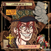 a cartoon drawing of a man with a warning sign that says i chew wires