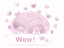 a boy and a girl are sitting next to each other surrounded by hearts and a speech bubble that says wow !