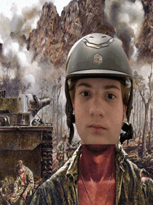 a man wearing a helmet is standing in front of a battle scene