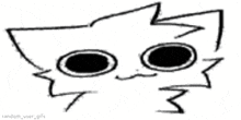 a black and white drawing of a cat with big eyes and a mouth .