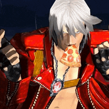 a devil may cry character is eating a slice of pizza