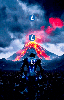 a robot with the letter l on his back stands in front of a erupting volcano