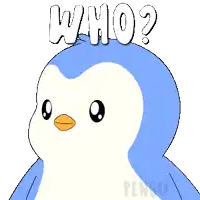a blue and white penguin with the word who above it