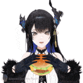 a girl with horns is holding a hamburger with the words ramen & cookies on the bottom right