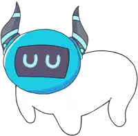 a cartoon drawing of a robot with horns and a blue helmet with the letter u on it