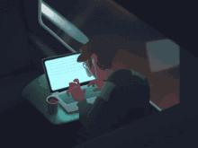a man is typing on a laptop with a cup of coffee on the table