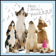a birthday card with a group of dogs singing happy birthday to yowuuuu