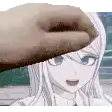 a hand is touching a girl 's face in a pixel art .