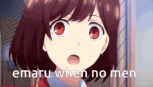 a girl with red eyes and the words " emaru when no men " on the bottom