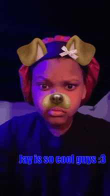 a girl wearing a dog face mask says jay is so cool guys : 3