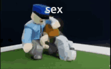 a cartoon of a police officer kneeling down with the word sex written on the bottom