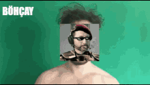 a man without a shirt is smoking a cigarette and wearing a beret and sunglasses with bohcay written on the bottom