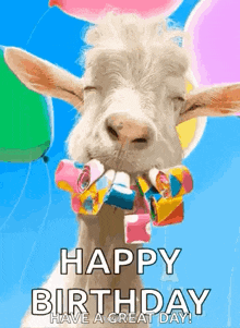 a goat is holding balloons in its mouth and says happy birthday have a great day