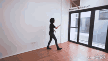 a woman is walking in a room with a sign that says " master bedroom "