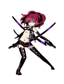 a drawing of a girl with red hair holding a pair of purple swords