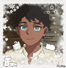 a picture of a boy with blue eyes is surrounded by flowers and cats