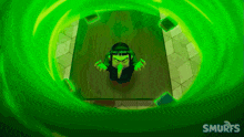 a smurf sitting at a table with a green background