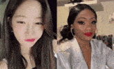 a woman with red lipstick looks at the camera