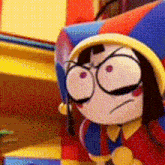 a close up of a cartoon character wearing a jester hat and glasses with an angry look on his face .