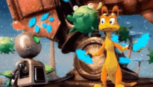 a kangaroo is standing next to a robot and a green frog in a video game .