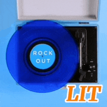 a record player with a blue record that says rock out on it