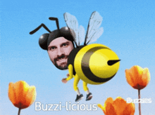 a bee with a man 's face on it and the words " buzzi-licious " on the bottom