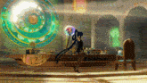a woman with long blue hair is standing in a room with a clock on the wall