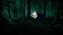 a cartoon character in a mcdonald 's hat is standing in the woods