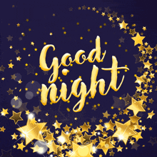 a blue background with gold stars and the words good night written in gold