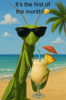 a painting of a praying mantis holding a drink on the beach