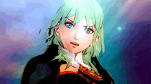 a video game character with green hair and blue eyes .