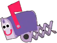 a purple mailbox with a red letter l on top of it .