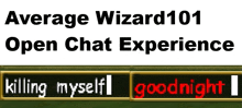 a sign that says average wizard101 open chat experience killing myself goodnight