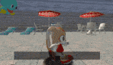 a cartoon character with a red and white striped umbrella behind her
