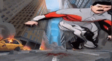 a cartoon of a man in a superhero costume jumping over a street .