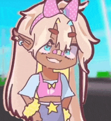 a cartoon drawing of a girl with long blonde hair and a pink bow on her head .