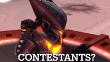 a robot is standing in a circle with the words `` contestants ? '' written below it .