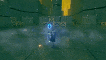 a purple and blue light beam is coming out of a dark room .